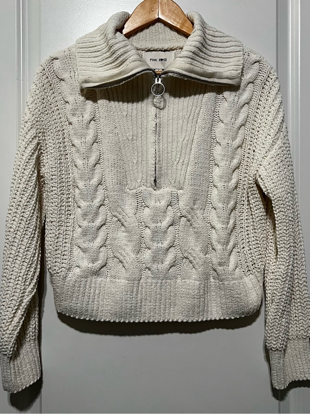 Pink Rose Women’s Cowl Neck Zip Up Sweater in White